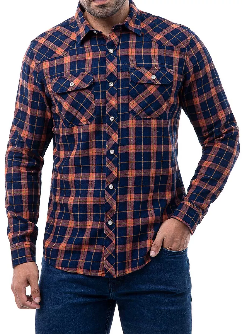 Camisa Cuadros M L Reg. Fit Leitem Azul Naranja Norton